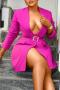 sexy plus size slight stretch solid color belt stylish suit collar mini dress_Red_Magenta