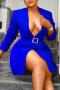sexy plus size slight stretch solid color belt stylish suit collar mini dress_Red_Magenta_Sea Blue