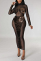 sexy plus size slight stretch sequins hollow slim mesh see-through midi dress_Black_Magenta_Green_Brown