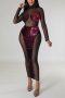 sexy plus size slight stretch sequins hollow slim mesh see-through midi dress_Black_Magenta