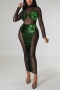 sexy plus size slight stretch sequins hollow slim mesh see-through midi dress_Black_Magenta_Green