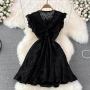 sexy non-stretch solid 7-colors v-neck drawstring hollow ruffled mini dress_Black