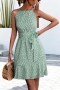 casual non stretch batch printing pearl decor ruffle mini dress (with belt)_Black_Aqua Green