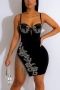 sexy plus size stretch velvet rhinestone tassel sling backless slim mini dress_Black