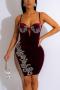 sexy plus size stretch velvet rhinestone tassel sling backless slim mini dress_Black_Rose Red