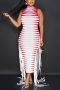 sexy plus size slight stretch stripe printing tassel slim high collar midi dress_Black_Red