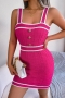 sexy slight stretch 3 colors colorblock stripe knitted button decor mini dress_White_Magenta