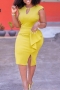 casual plus size slight stretch solid color zip-up hollow slit midi dress_White_Yellow