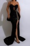 sexy plus size slight stretch sequin rhinestone tassel high slit maxi dress_Black