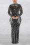 sexy plus size slight stretch mesh rhinestone tassel pearl zip-up maxi dress(with bodysuit)_Black