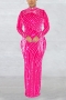 sexy plus size slight stretch mesh rhinestone tassel pearl zip-up maxi dress(with bodysuit)_Black_White_Red_Magenta