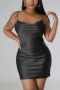 sexy plus size slight stretch 5 colors faux silk backless bodycon mini dress_Black