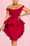 sexy plus size slight stretch solid off-shoulder slim ruffle zip-up mini dress_Black_White_Red_Rose Red