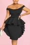 sexy plus size slight stretch solid off-shoulder slim ruffle zip-up mini dress_Black