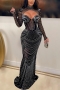 sexy plus size slight stretch shoulder pad mesh rhinestone hollow maxi dress(with underwear)_Black