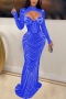 sexy plus size slight stretch shoulder pad mesh rhinestone hollow maxi dress(with underwear)_Black_Red_Blue