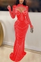 sexy plus size slight stretch shoulder pad mesh rhinestone hollow maxi dress(with underwear)_Black_Red