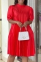 casual plus size non stretch satin pleated lace up simple midi dress_White_Red