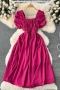 casual slight stretch 11colors solid color square neck midi dress_Black_White_Pink_Red_Magenta