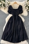 casual slight stretch 11colors solid color square neck midi dress_Black