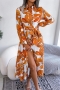 casual non-stretch 3 colors orange leaf batch printing midi shirtdress with belt_Magenta_Orange