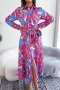 casual non-stretch 3 colors orange leaf batch printing midi shirtdress with belt_Magenta