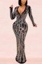 sexy plus size slight stretch mesh rhinestone v-neck zip-up slit maxi dress_Black