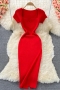 sexy stretch 9 colors ribbed knit solid color square neck slim midi dress_Black_White_Gray_Pink_Red