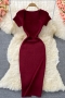 sexy stretch 9 colors ribbed knit solid color square neck slim midi dress_Black_White_Gray_Pink_Red_Rose Red