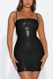 sexy solid color slight stretch pu leather sling backless bodycon mini dress_Black