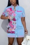 sexy plus size slight stretch 5 colors batch printing crew neck button mini dress_Black_White_Red_Green_Sky Blue