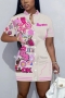 sexy plus size slight stretch 5 colors batch printing crew neck button mini dress_Black_White