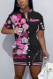 sexy plus size slight stretch 5 colors batch printing crew neck button mini dress_Black