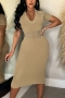plus size sexy stretch 5 colors v-neck cutout midi dress_Black_White_Red_Blue_Khaki