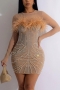sexy plus size slight stretch rhinestone pearl zip-up slim fuzzy mini dress_Black_Beige