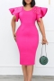 stylish plus size 3 colors slight stretch ruffle sleeve pearl zip-up midi dress_Black_Rose Red_Magenta