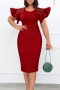 stylish plus size 3 colors slight stretch ruffle sleeve pearl zip-up midi dress_Black_Rose Red