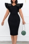 stylish plus size 3 colors slight stretch ruffle sleeve pearl zip-up midi dress_Black