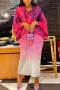 casual non-stretch dolman sleeve printing gradient pleated midi dress_Magenta