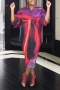 casual non-stretch orange dolman sleeve multicolor printing pleated midi dress_Orange_Purple