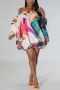 stylish plus size non-stretch batch print off-the-shoulder bat sleeve mini dress_White_Pink