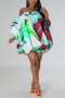 stylish plus size non-stretch batch print off-the-shoulder bat sleeve mini dress_White_Pink_Green