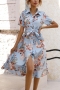 casual plus-size non-stretch button flower batch printing with belt midi dress_Sky Blue