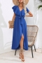 stylish non-stretch solid color chiffon belt ruffled v-neck midi dress_White_Blue