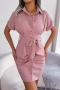 stylish solid color non-stretch single-breasted lapel slim mini dress(with belt)_Pink