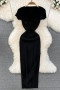 sexy 8 colors stretch knitted hollow slit solid color midi dress_Black