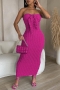 sexy plus size slight stretch solid color strapless hollow orange midi dress_Black_White_Magenta