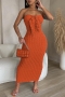 sexy plus size slight stretch solid color strapless hollow orange midi dress_Black_White_Magenta_Orange