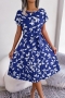 casual non-stretch leaf batch printing pleated midi dress(with belt)_Red_Yellow_Blue