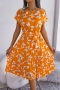 casual non-stretch leaf batch printing pleated midi dress(with belt)_Red_Yellow